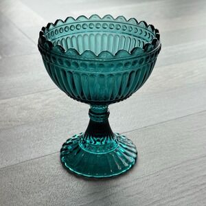 Marimekko Teal Glass Footed Compote Bowl Scalloped Edge Decorative Vintage Table